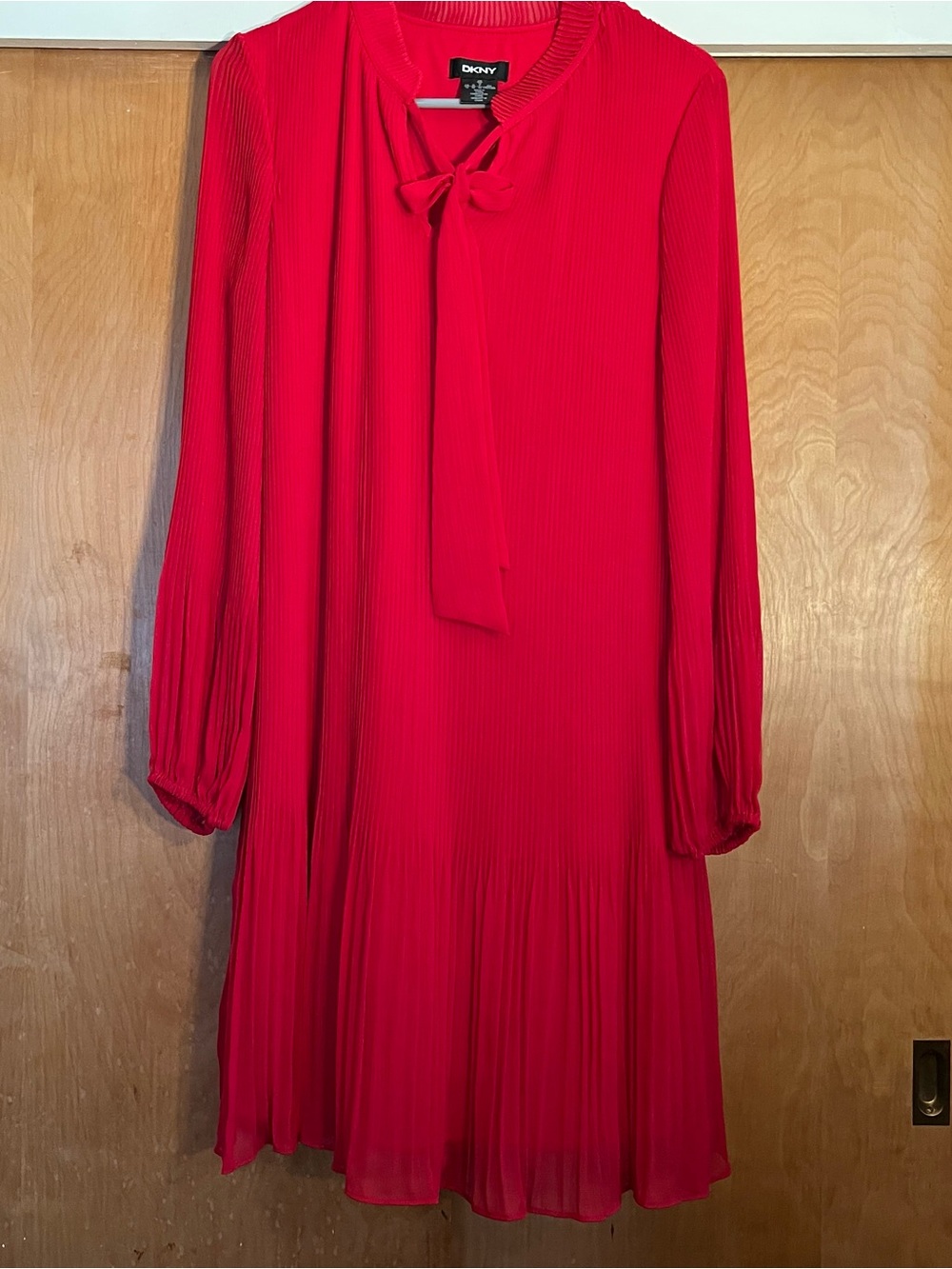 DKNY Crimson Pleated Long-Sleeve Tie-Neck Dress